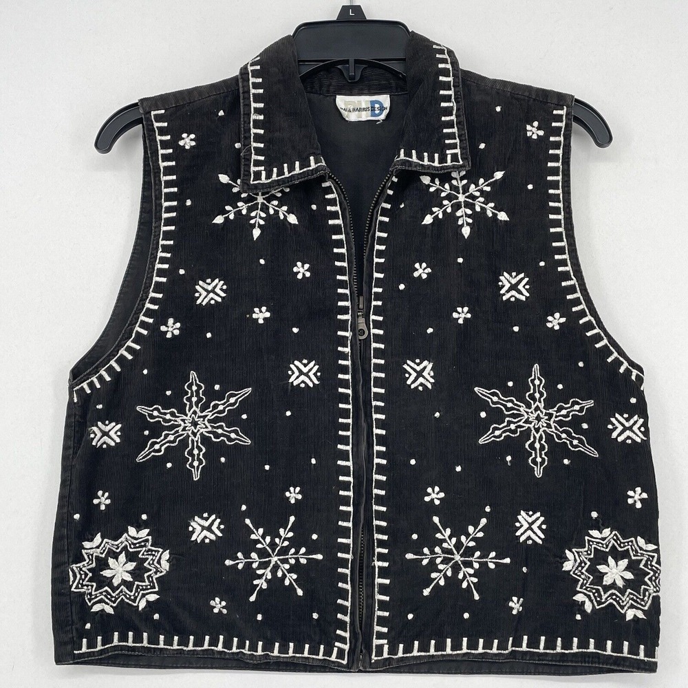 Vintage‎ 90s Cottagecore Snowflake Embroidered Black Corduroy Zip Up Vest Size S